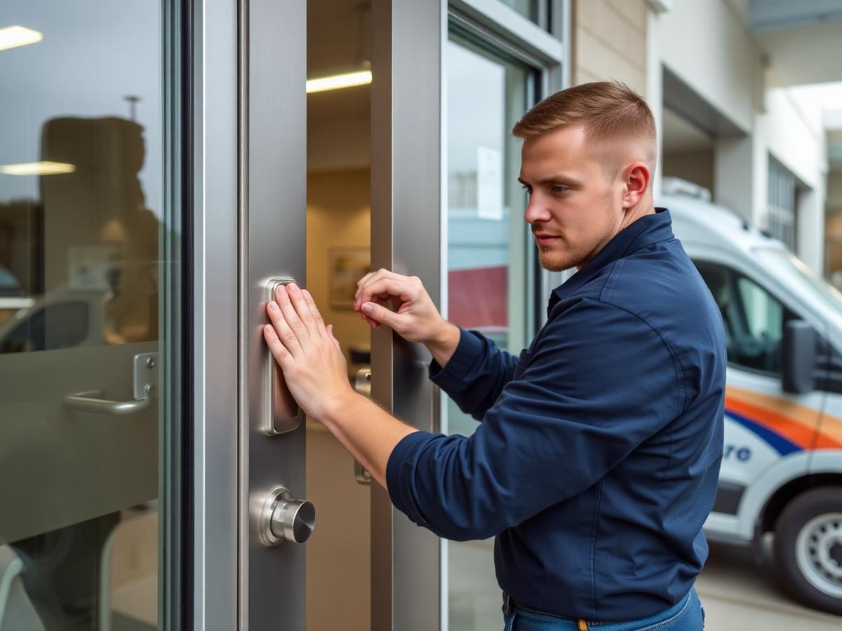 Cary Locksmith technician changing a commercial business lock in Cary, NC