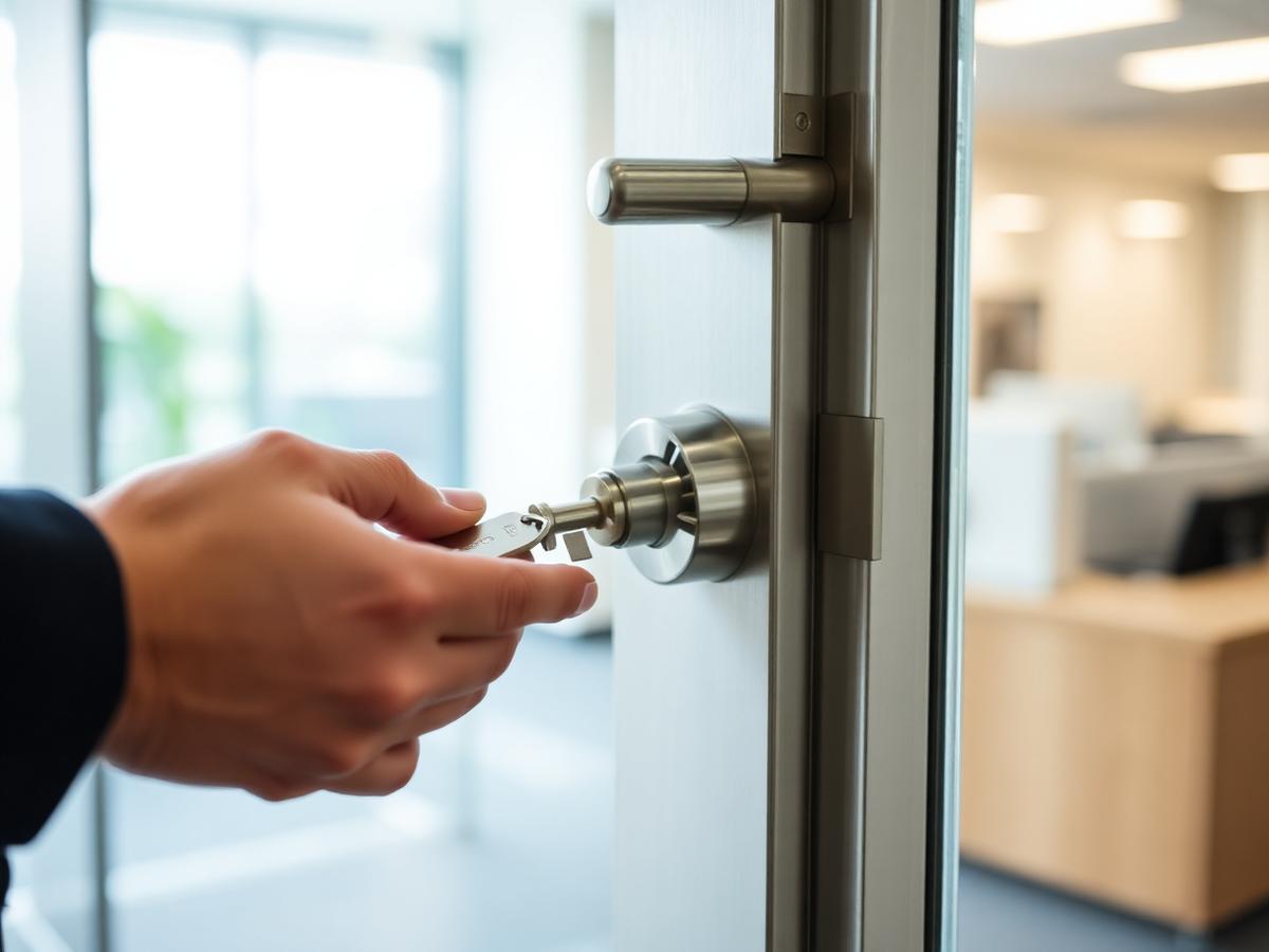 Cary Locksmith technician rekeying a commercial business lock in Cary, NC