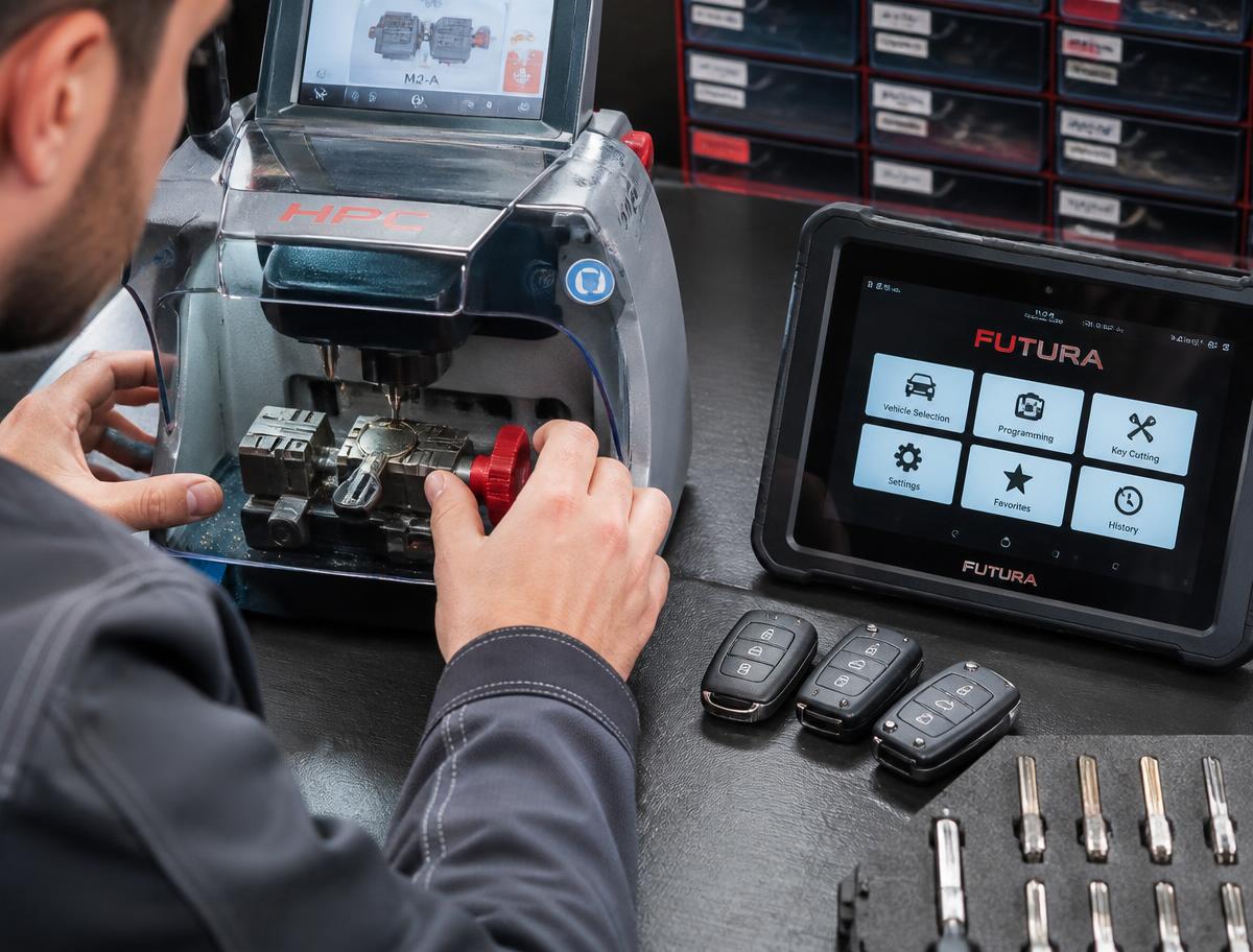 Cary Locksmith automotive technician copying a car key in Cary, NC