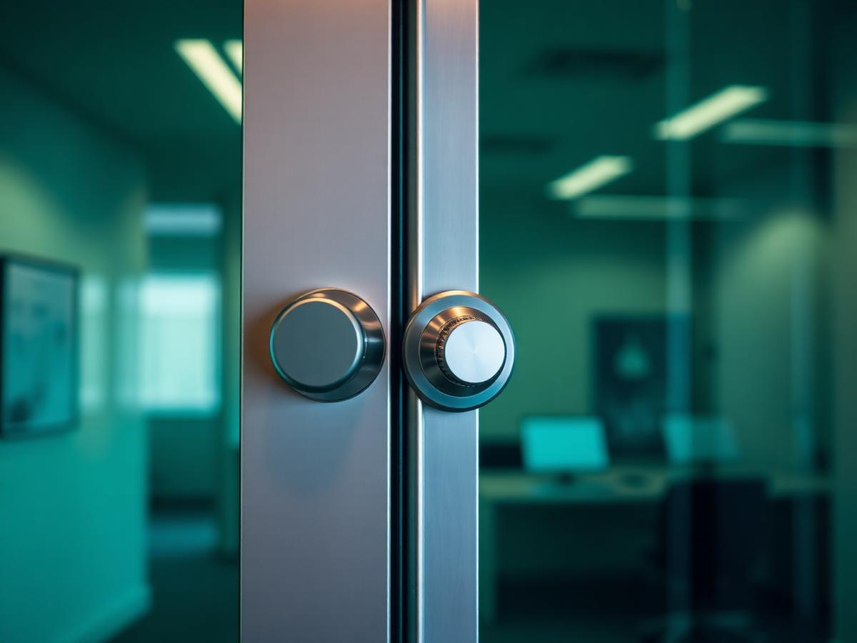 Commercial locksmith installing high-security door lock in Cary, NC office
