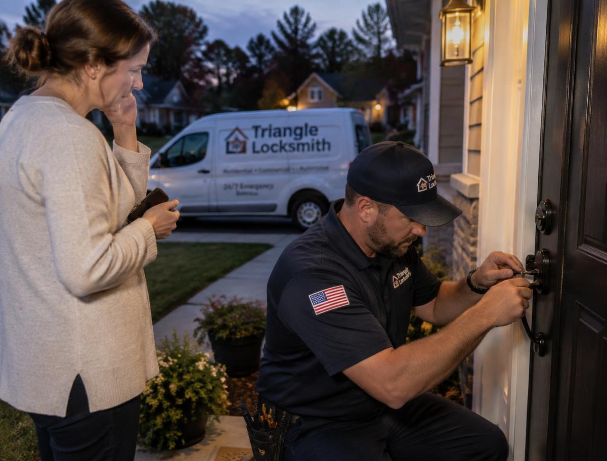 Cary Locksmith emergency technician helping a homeowner with an urgent door lock situation in Cary, NC