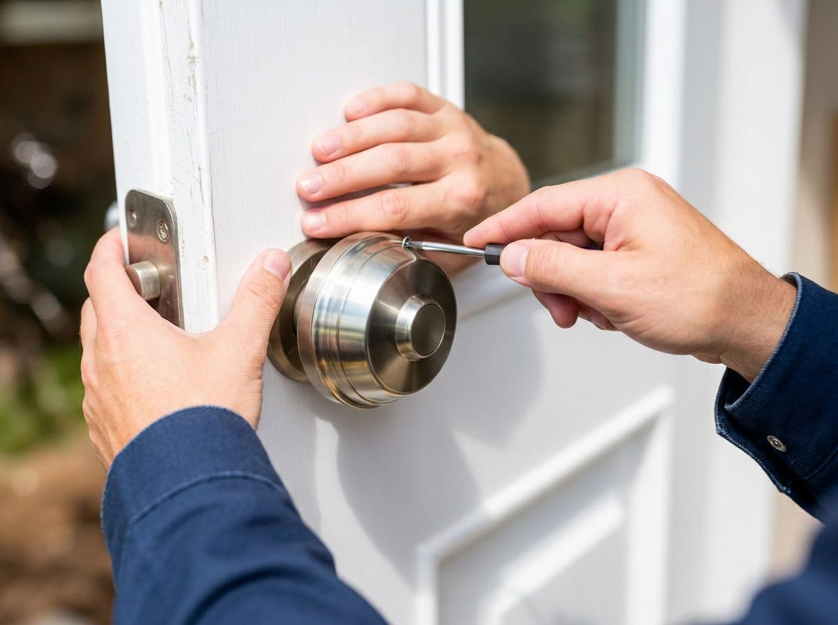 Cary Locksmith technician changing a residential house lock in Cary, NC