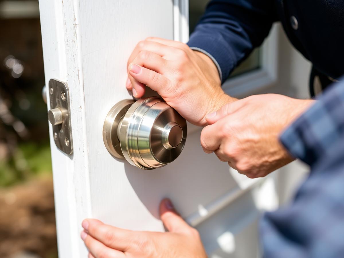 Cary Locksmith technician changing a residential house lock in Cary, NC