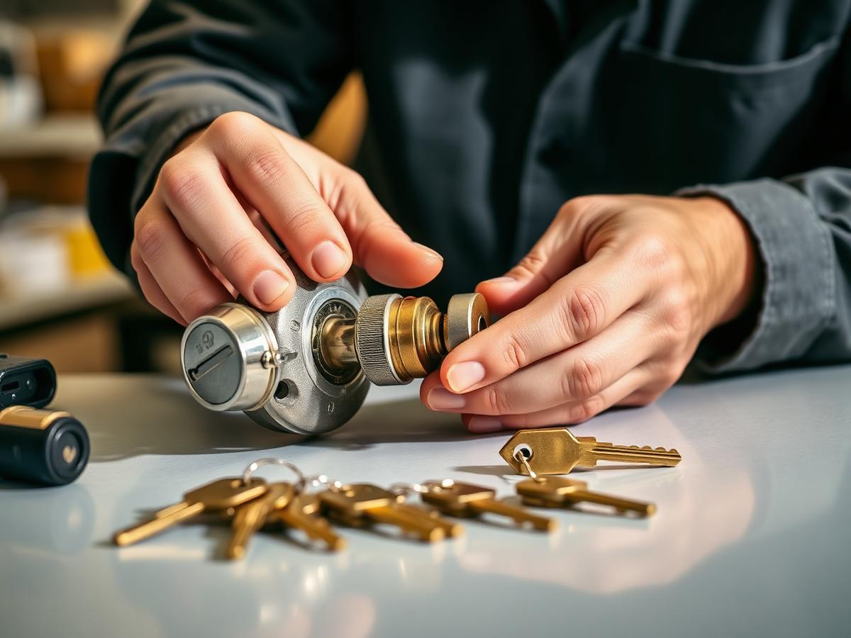 Cary Locksmith technician rekeying a residential house lock in Cary, NC